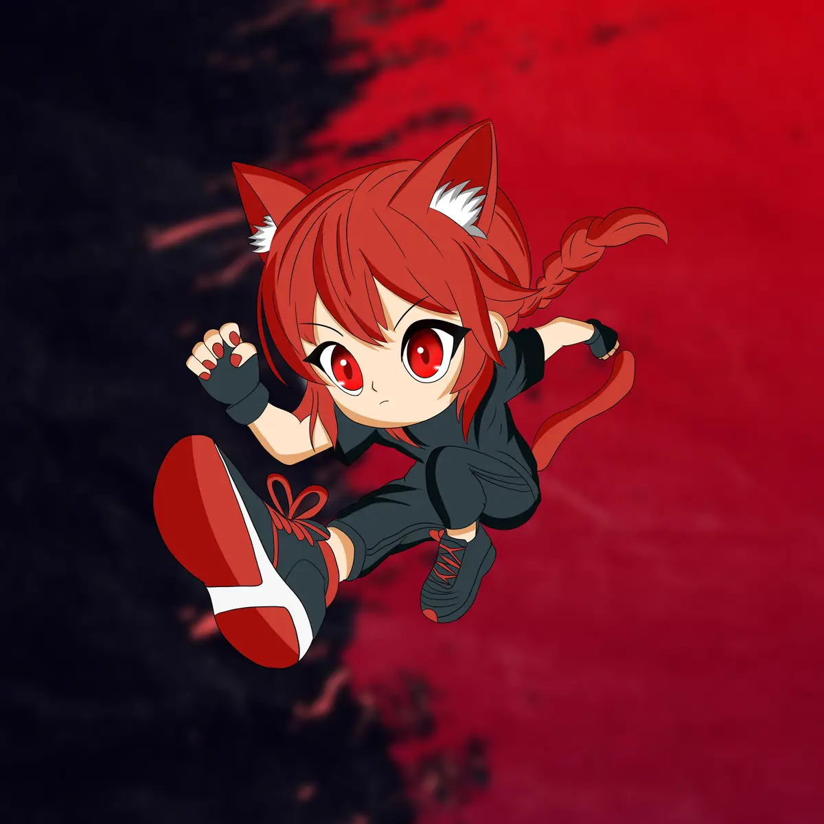 A chibi-style anime girl with red hair, red cat ears with white tips, and a red tail is mid-air in a dynamic martial arts…