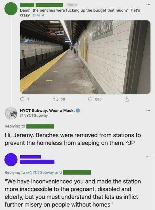 A screenshot of a Twitter thread shows a user complaining about subway benches costing too much. The NYC Subway account…