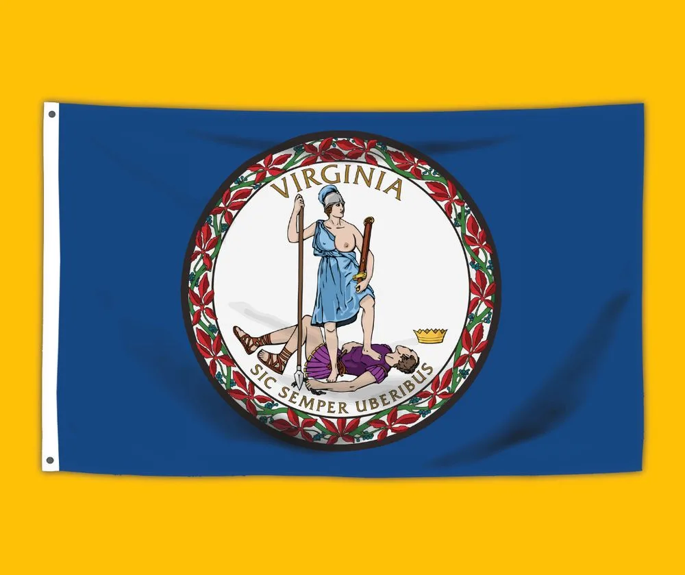 The image displays the flag of Virginia, featuring a blue field with a central seal. The seal depicts a classical female…