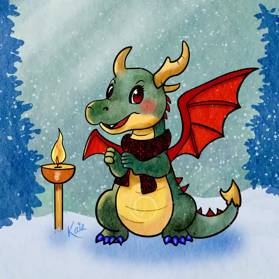 A cute, cartoon-style green dragon with red wings and horns sits in a snowy forest, wearing a red patterned scarf and…
