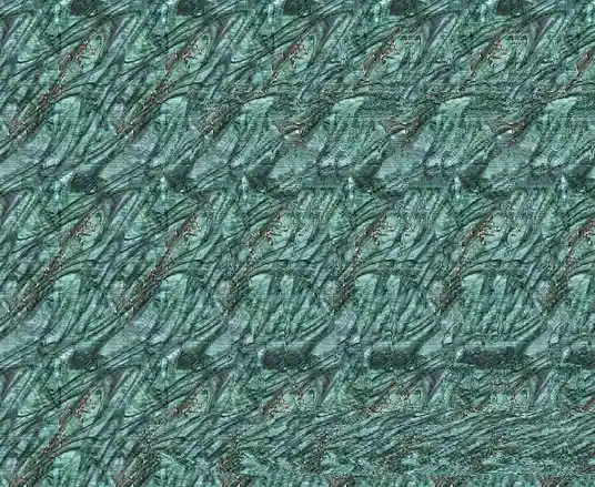 The image is a distorted, repeating pattern of a person's face, heavily pixelated and warped into a greenish-teal color. The…