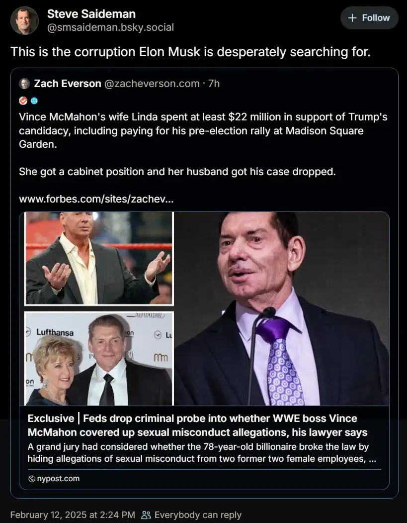 A screenshot of a social media post by Steve Saideman showing a tweet from Zach Everson about Vince McMahon's wife Linda…