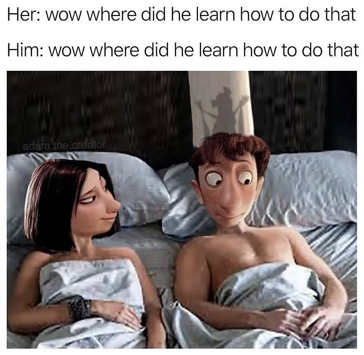 Two animated characters, a woman and a man, are in bed under white sheets. The woman looks at the man with a slight smirk…