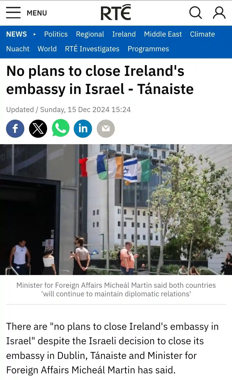 A screenshot of an RTE news article with the headline 'No plans to close Ireland's embassy in Israel - Tánaiste'. The image…