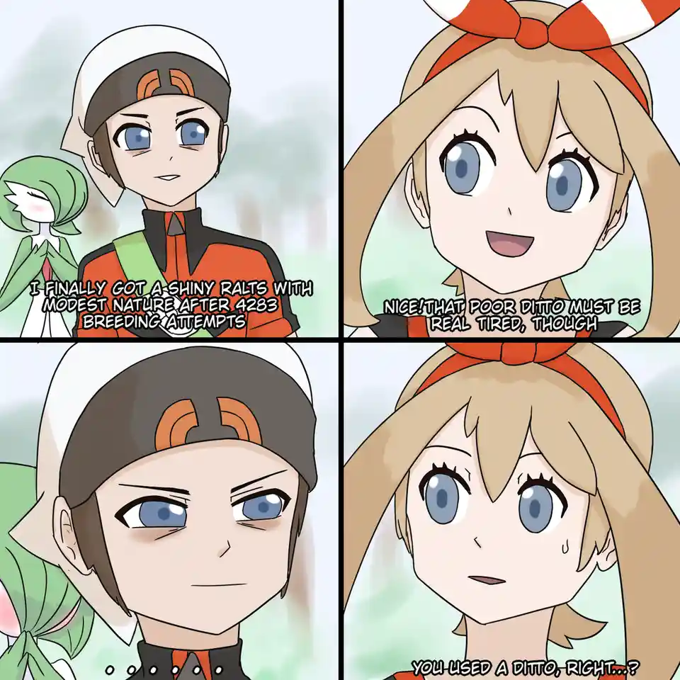 A four-panel comic featuring Pokémon characters. In the first panel, a male trainer proudly announces he got a shiny Ralts…