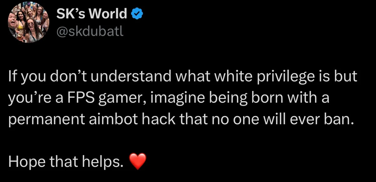 A screenshot of a tweet from 'SK's World' (@skdubatl) with a black background and white text. The tweet humorously compares…