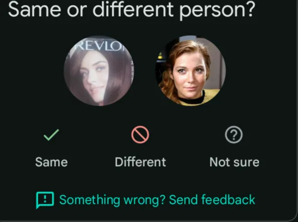 An app interface asks 'Same or different person?' showing two photos of a woman: one with dark hair and 'REVLON' visible in…