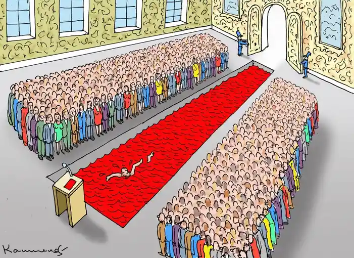 A cartoon depicts a person swimming in a long red carpet laid out in a grand hall, flanked on both sides by large crowds of…