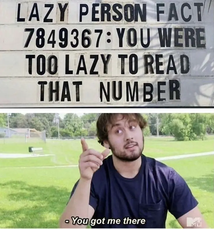 The top panel shows a white sign with black lettering reading 'LAZY PERSON FACT 7849367: YOU WERE TOO LAZY TO READ THAT…
