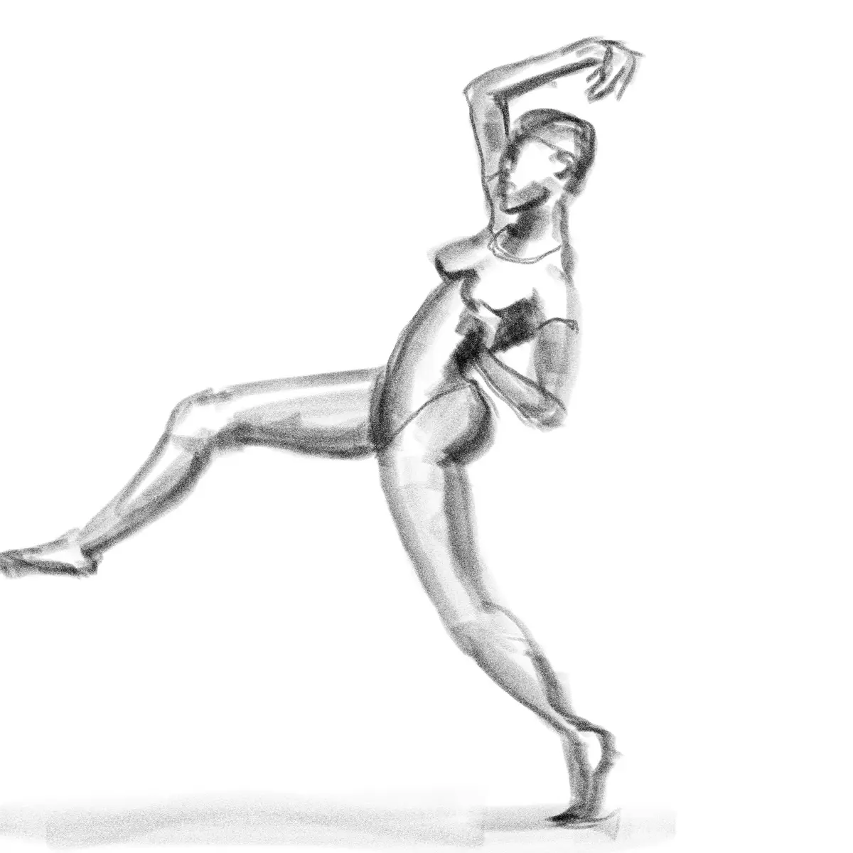A black-and-white sketch of a person in a dynamic, ballet-like pose with one leg extended and arms gracefully positioned…