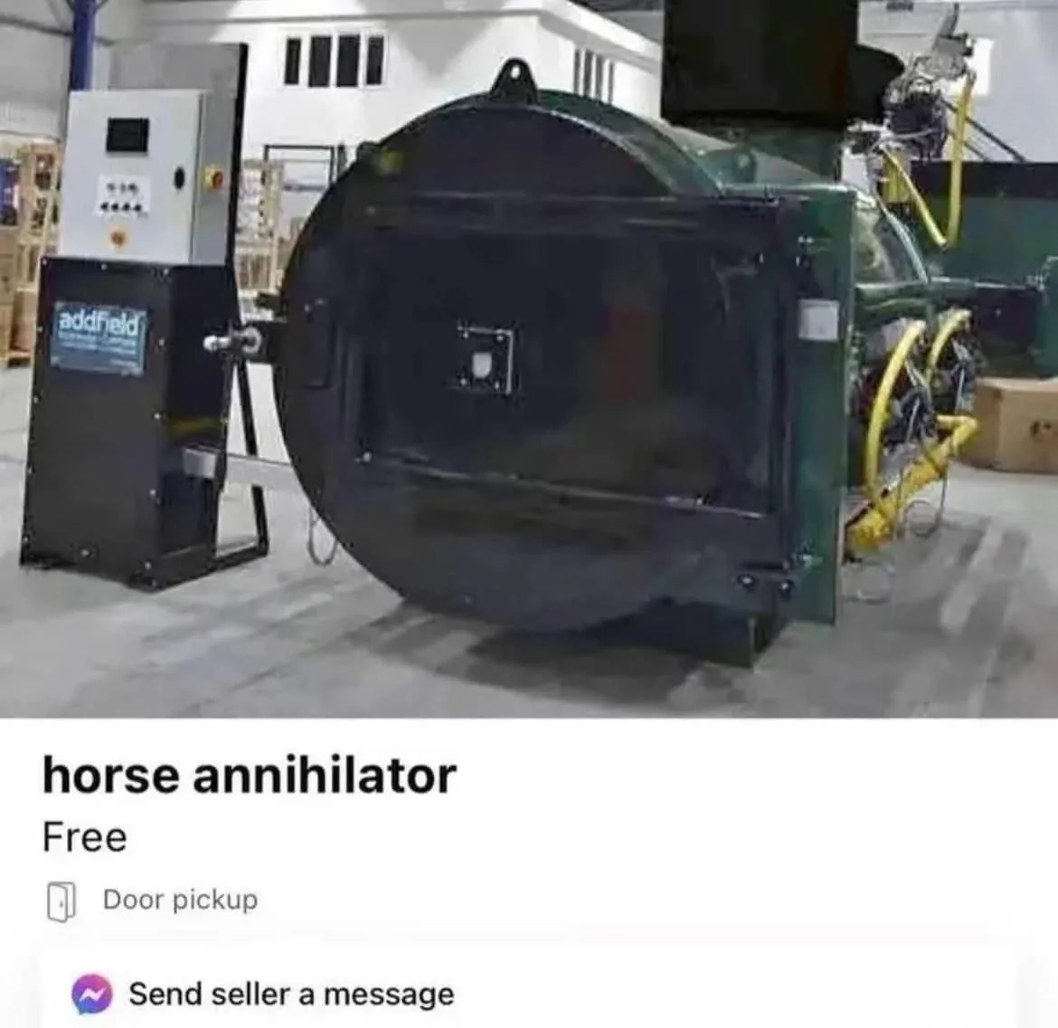 An industrial machine, resembling a large cylindrical furnace or compactor, is displayed in a warehouse setting. Overlaid…