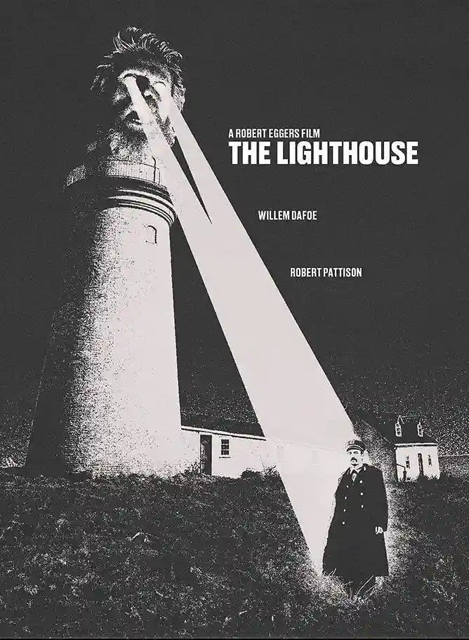 A black-and-white movie poster for 'The Lighthouse' by Robert Eggers, featuring a lighthouse with a giant, distorted face…