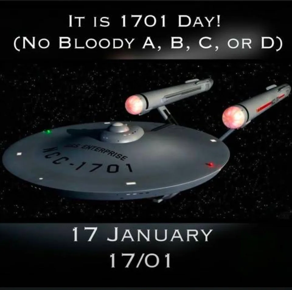 The image shows the USS Enterprise NCC-1701 starship from Star Trek against a starry space background. White text at the top…