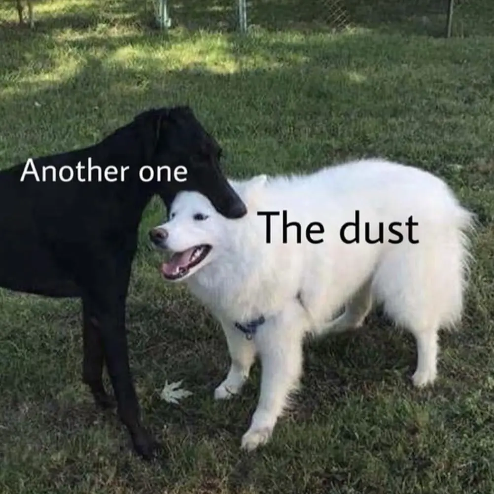 Two dogs stand on grass; a black dog leans toward a fluffy white dog. Text reads 'Another one' over the black dog and 'The…