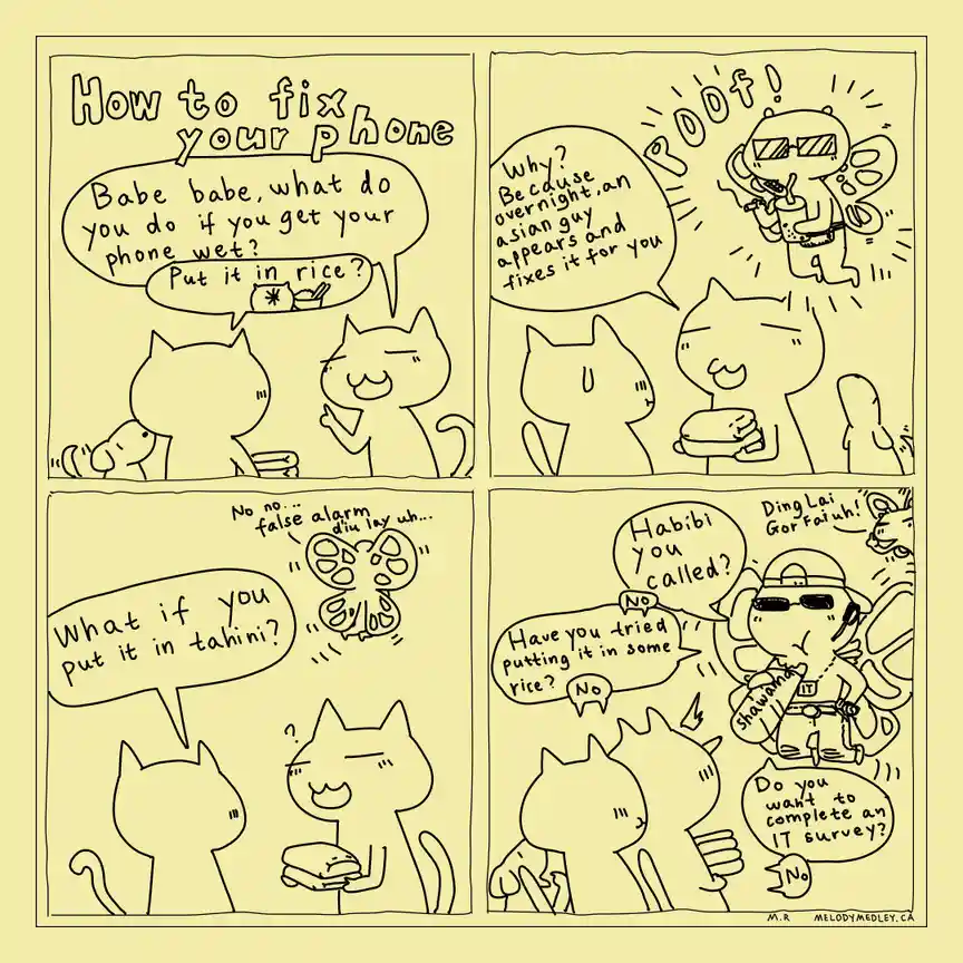 A four-panel comic strip featuring cartoon cats discussing how to fix a wet phone. One cat suggests putting it in rice…