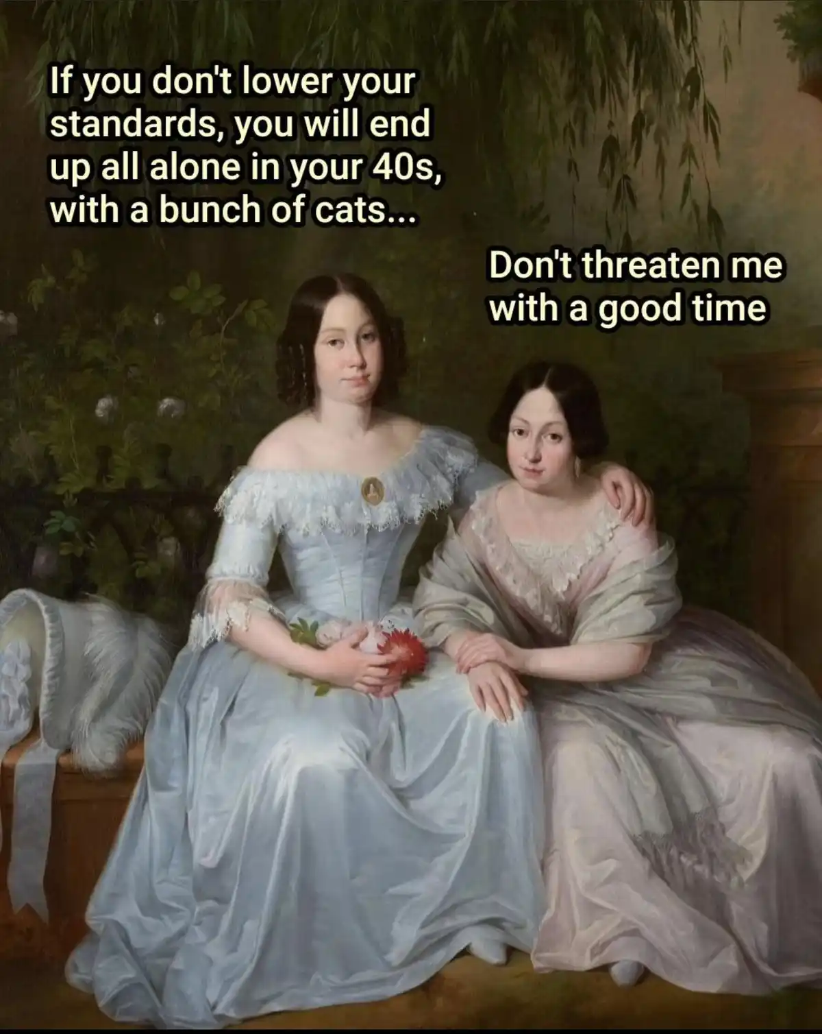 A classical painting depicts two women in 19th-century dresses sitting together; the woman on the left has text overlaid…