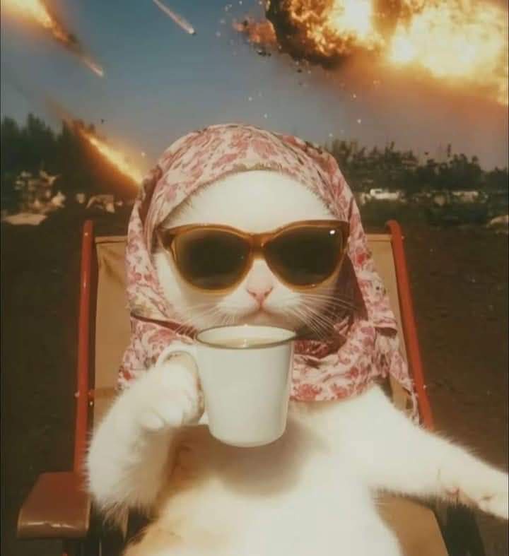 A white cat wearing sunglasses and a patterned headscarf sits calmly in a beach chair, holding a white mug, while behind it…
