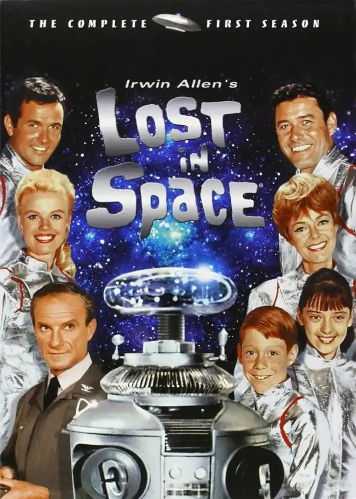 The image is a DVD cover for 'Irwin Allen's Lost in Space,' showing the main cast in silver space suits against a starry…