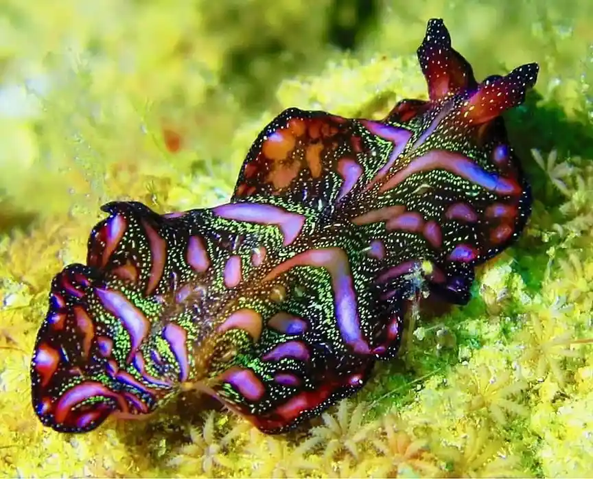 a vibrant, colorful sea slug with purple, green, and orange patterns rests on a yellow-green coral reef. The overlaid text…