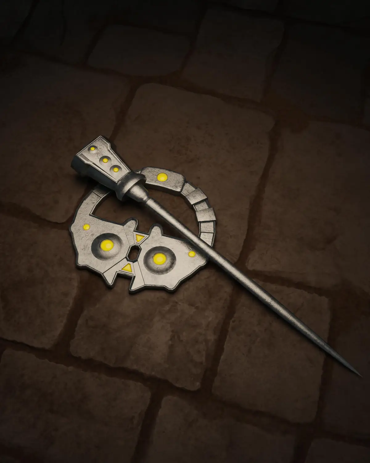 A silver keyblade with glowing yellow orbs lies broken on a stone floor, its blade separated from the ornate hilt and…