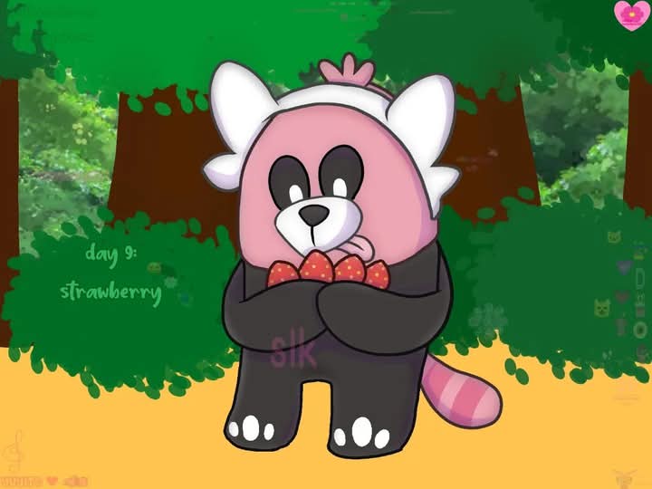 A pink cartoon animal with white ears and a crown, wearing a black outfit and holding strawberries, stands in a forest…