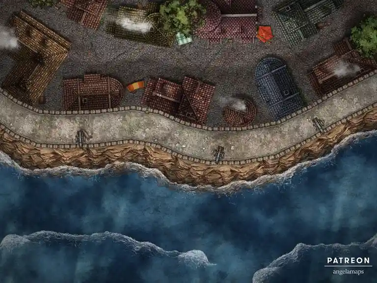 An overhead view of a coastal fantasy village with cobblestone streets, tiled roofs, and cannons on a cliffside overlooking…