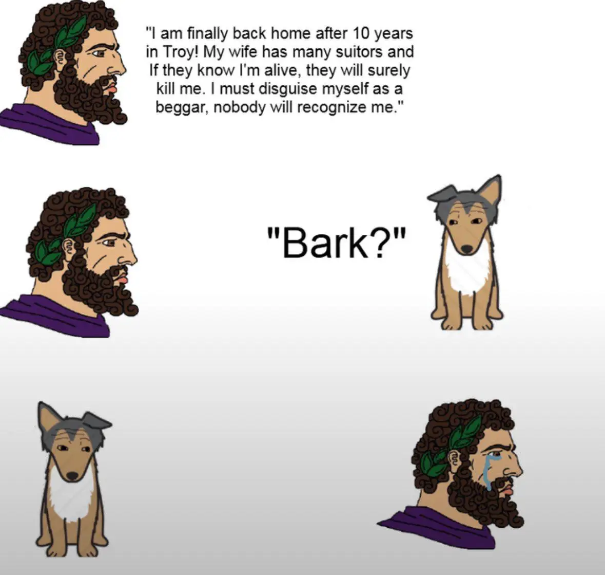 The image shows a cartoon depiction of a man with curly hair and a laurel wreath, who says he must disguise himself as a…