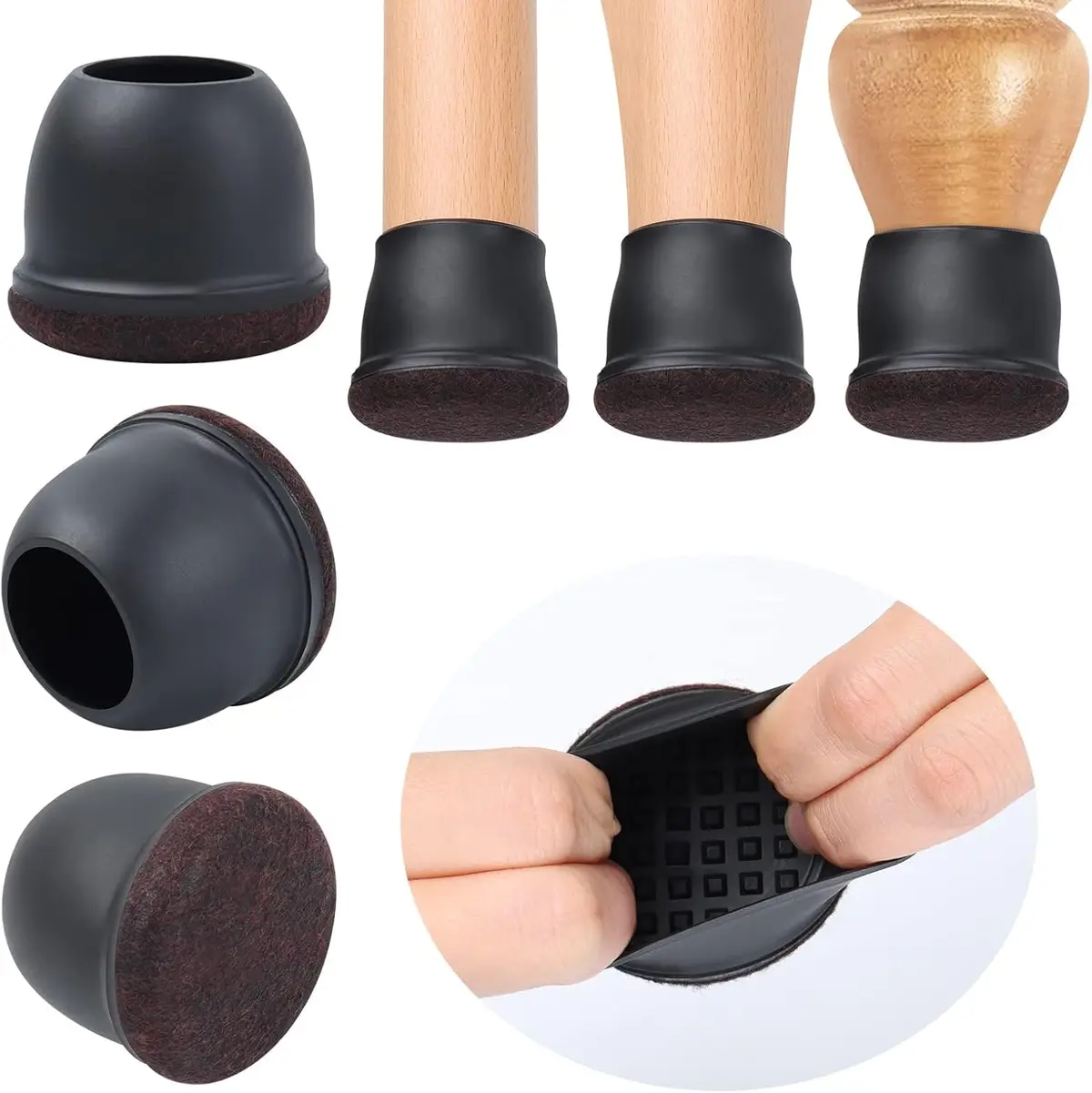 An image of black rubber furniture leg caps with felt bottoms, shown on wooden chair legs and in close-up views. One inset…