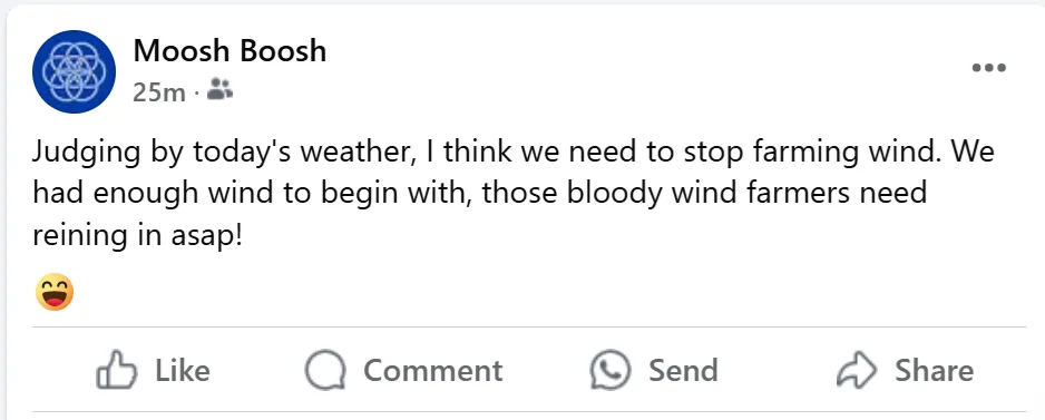 A screenshot of a Facebook post by 'Moosh Boosh' from 25 minutes ago, showing a comment about wind energy. The text reads…