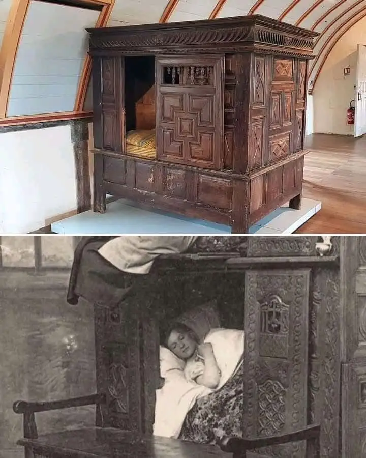 The image is a two-panel meme. The top panel shows a large, ornate, dark wooden four-poster bed on display in a museum with…