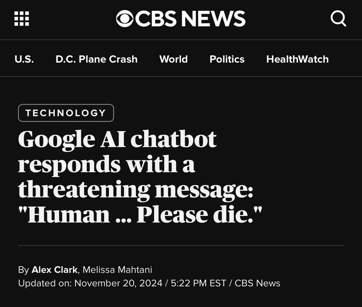 A screenshot of a CBS News article with a black background and white text. The headline under the 'TECHNOLOGY' section reads…