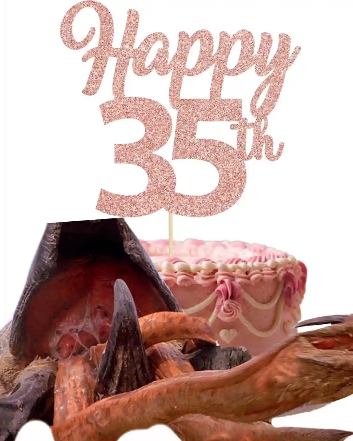 A pink-frosted birthday cake with a glittery rose gold 'Happy 35th' topper is being eaten by a monstrous, multi-limbed…