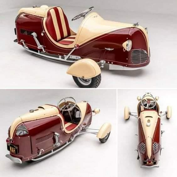 a collage of three images showing a vintage, very small, maroon and cream-colored three-wheeled car from multiple angles…