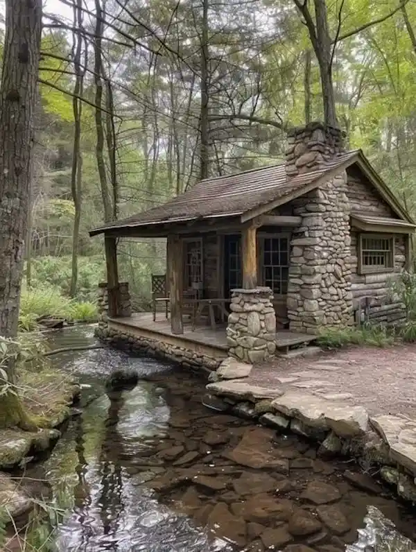 A rustic stone and wood cabin sits beside a clear, flowing stream in a forest. The cabin has a porch with a chair and table…