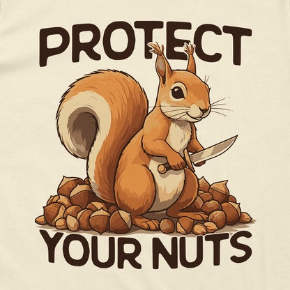 A cartoon illustration of a red squirrel sitting atop a pile of hazelnuts, holding a small knife in its paws. The text…