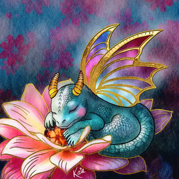 A small, blue, sleeping dragon with golden horns and stained-glass style wings rests peacefully inside a large pink flower…