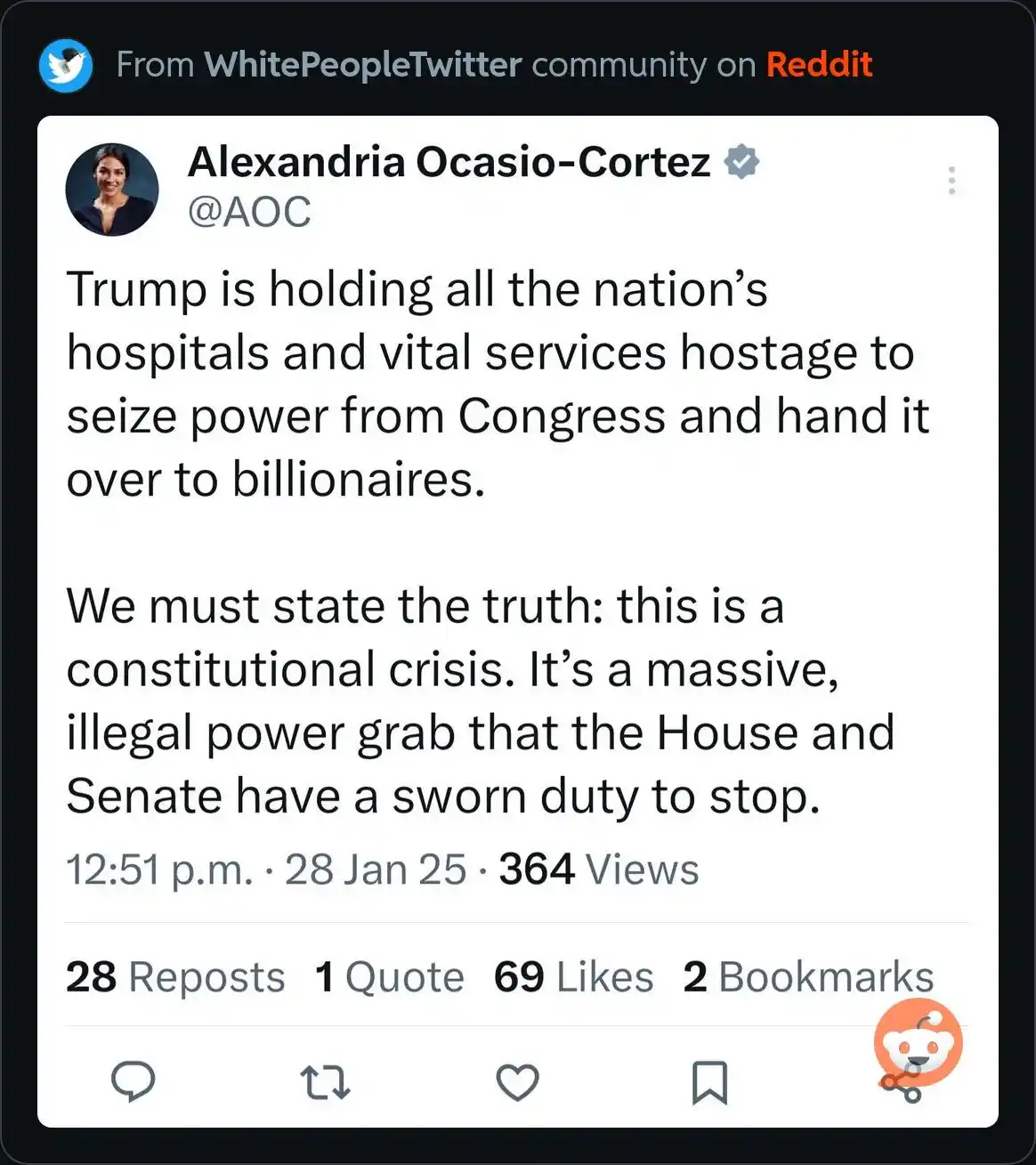 A screenshot of a fake Twitter post attributed to Alexandria Ocasio-Cortez, which claims Trump is holding hospitals hostage…