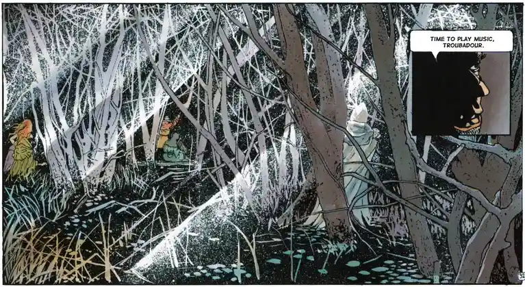 A comic panel depicts a dark, stylized forest with bare trees and a swampy ground. A character in a green tunic sits on a…