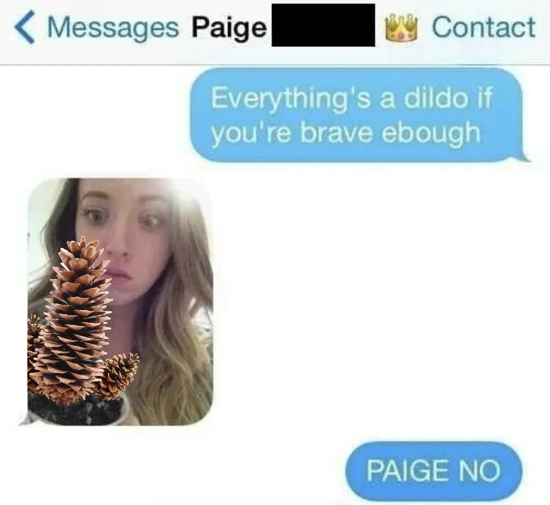 A screenshot of a text message conversation with a contact named Paige, showing a blue message bubble with the text…