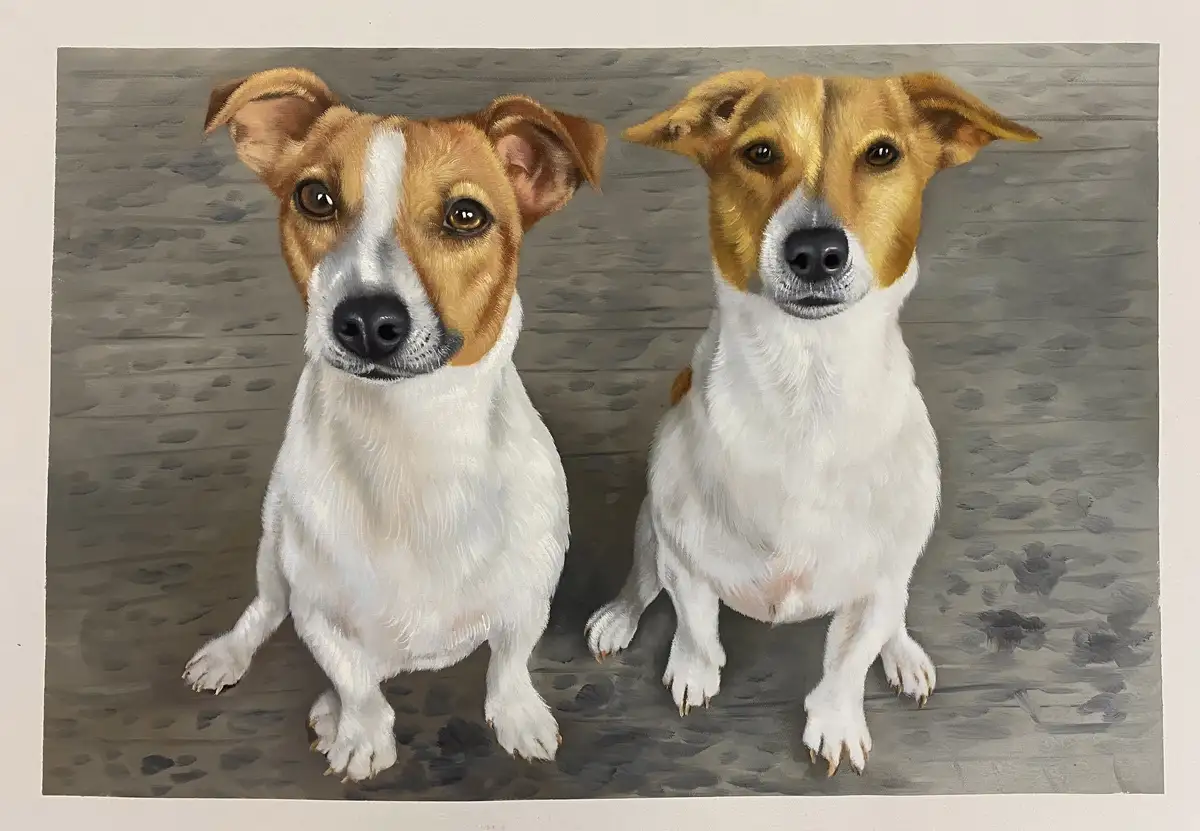 A realistic painting shows two identical-looking Jack Russell Terriers sitting side-by-side on a gray wooden floor, both…