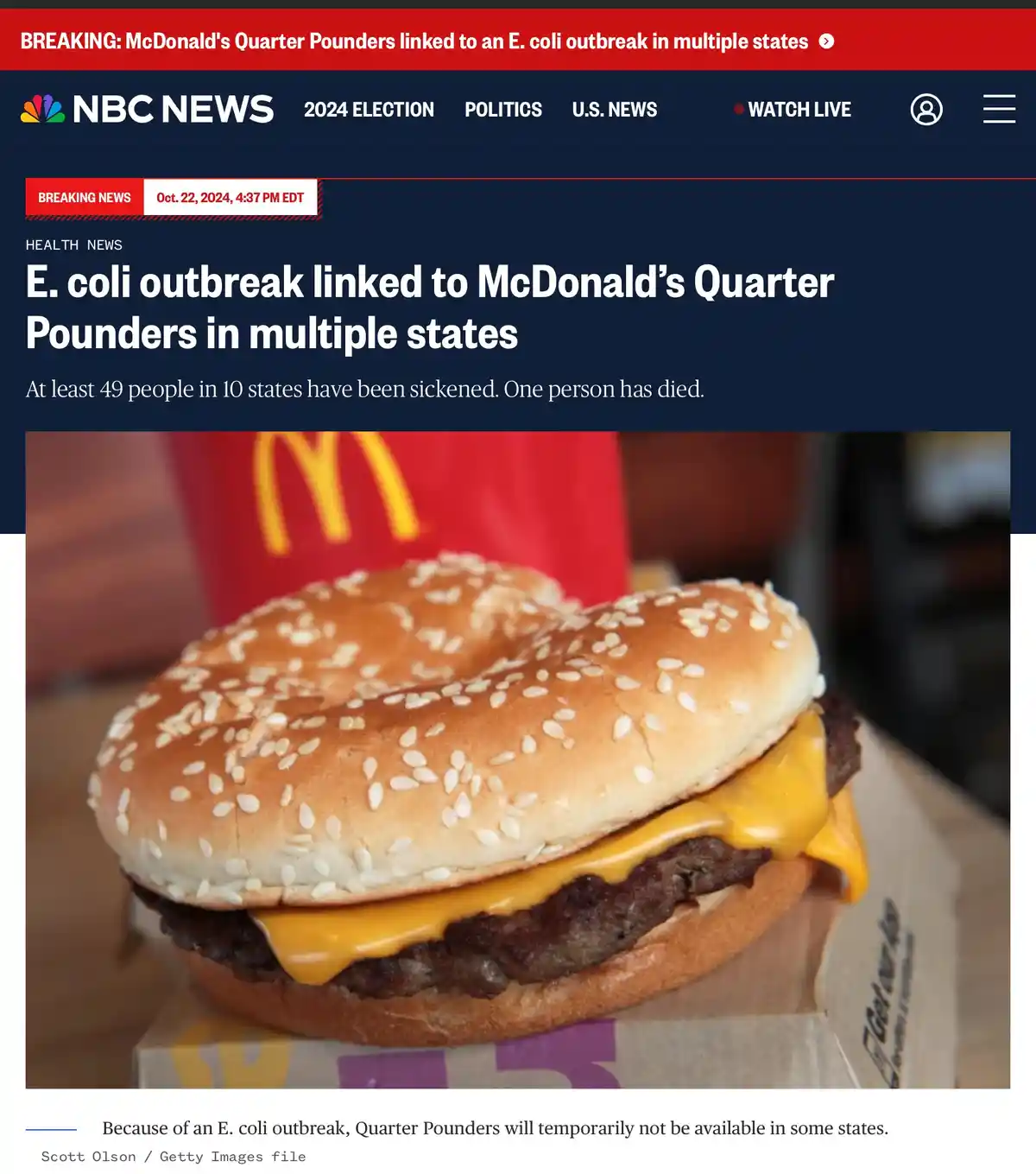 A screenshot of an NBC News article headlined 'E. coli outbreak linked to McDonald's Quarter Pounders in multiple states,'…