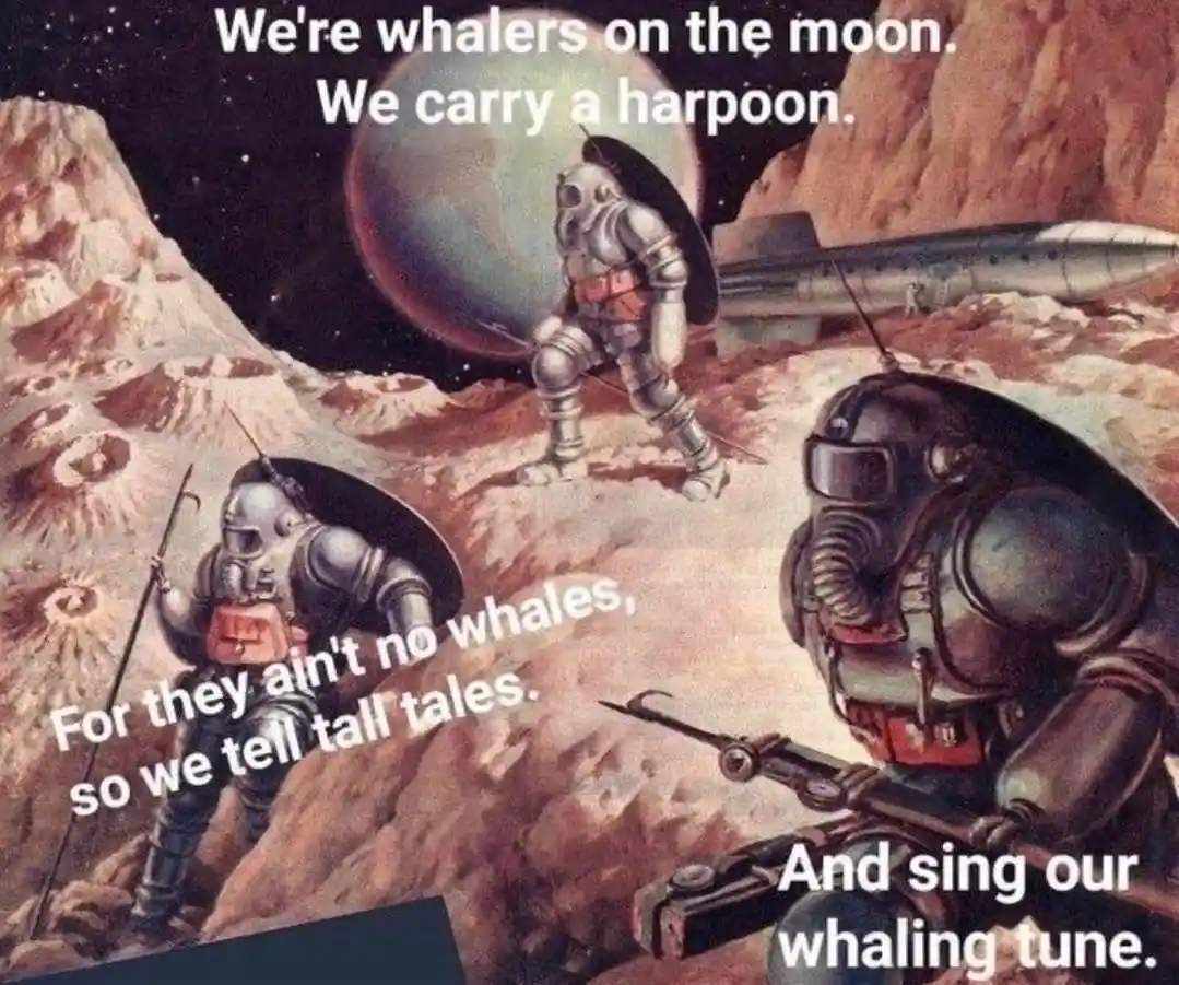 An illustration of three astronauts in bulky space suits on a barren, rocky moon landscape, with a large planet visible in…