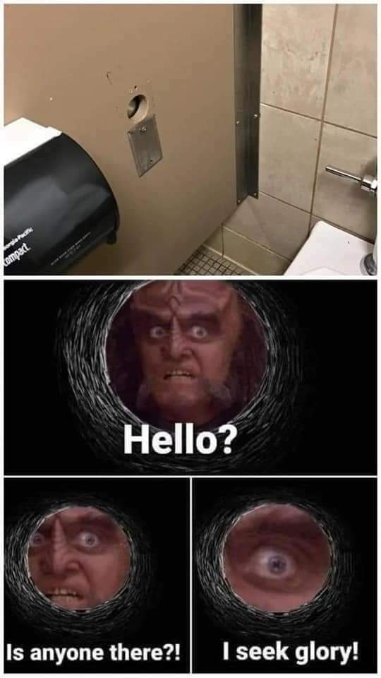 The top panel shows a bathroom stall with a hole in the wall next to a toilet paper dispenser. The bottom panels show a…