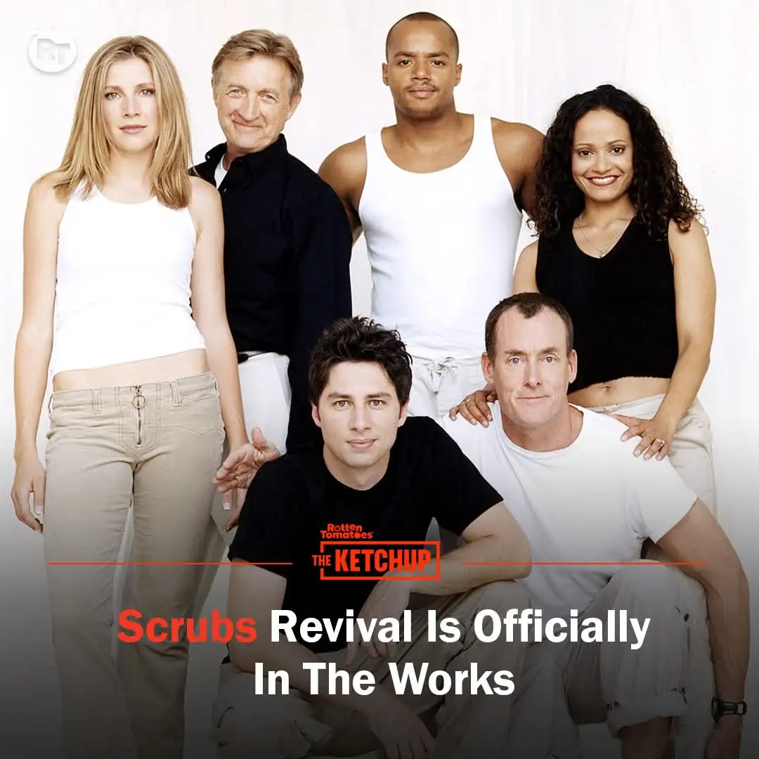 A promotional photo of the cast of the TV show 'Scrubs' poses together in casual clothing against a white background…