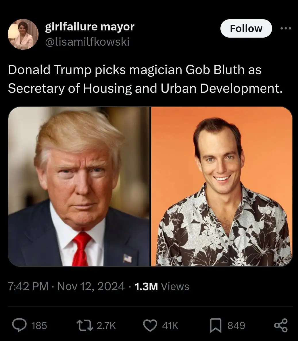 The image displays a side-by-side comparison of Donald Trump on the left, looking stern in a suit and red tie, and Gob Bluth…