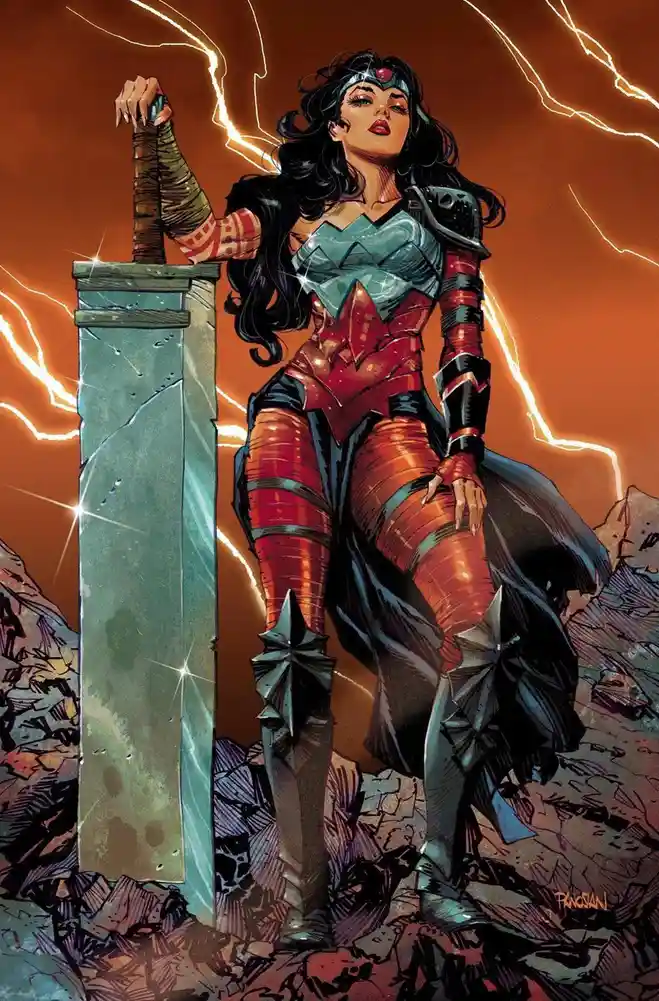 A comic book illustration of Wonder Woman standing confidently next to a large stone pillar, gripping a sword with her right…