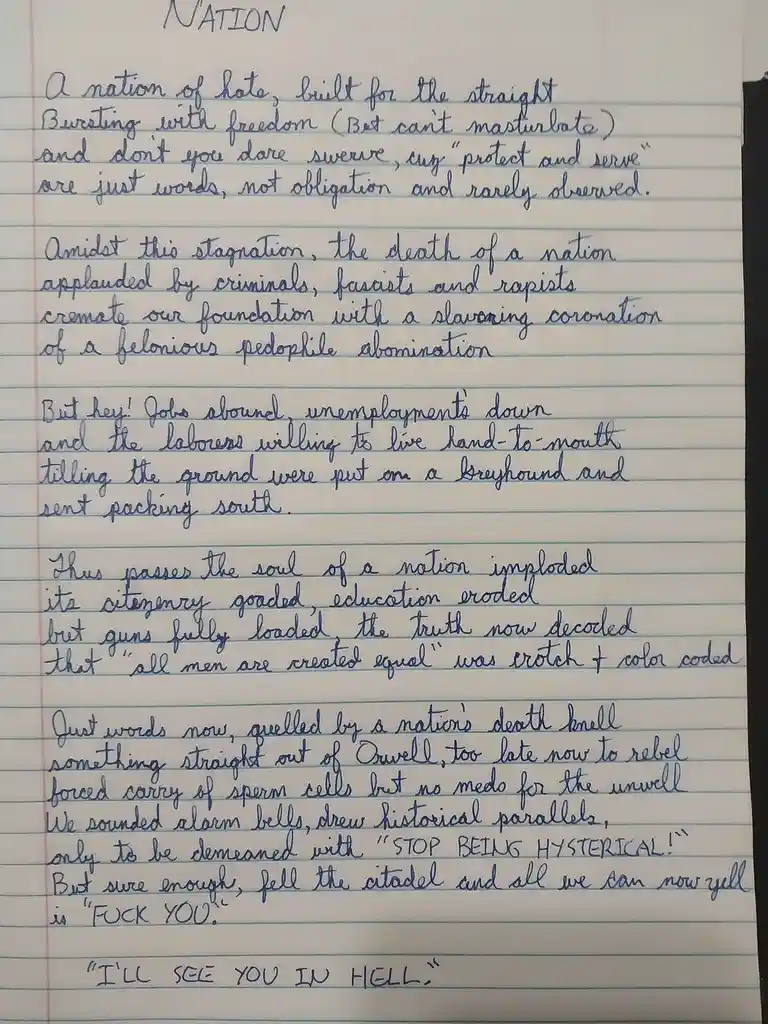 A handwritten poem on lined notebook paper titled 'NATION' critiques societal decay, political hypocrisy, and systemic…