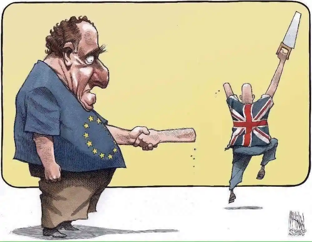 A cartoon depicts a large man in a blue shirt with yellow stars (representing the EU) shaking hands with a smaller man…