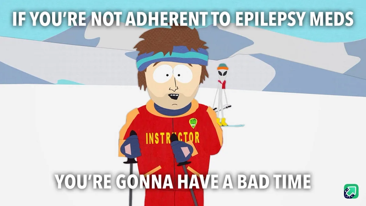 A cartoon ski instructor with a shocked expression stands in a snowy landscape, wearing a red jacket with 'INSTRUCTOR'…