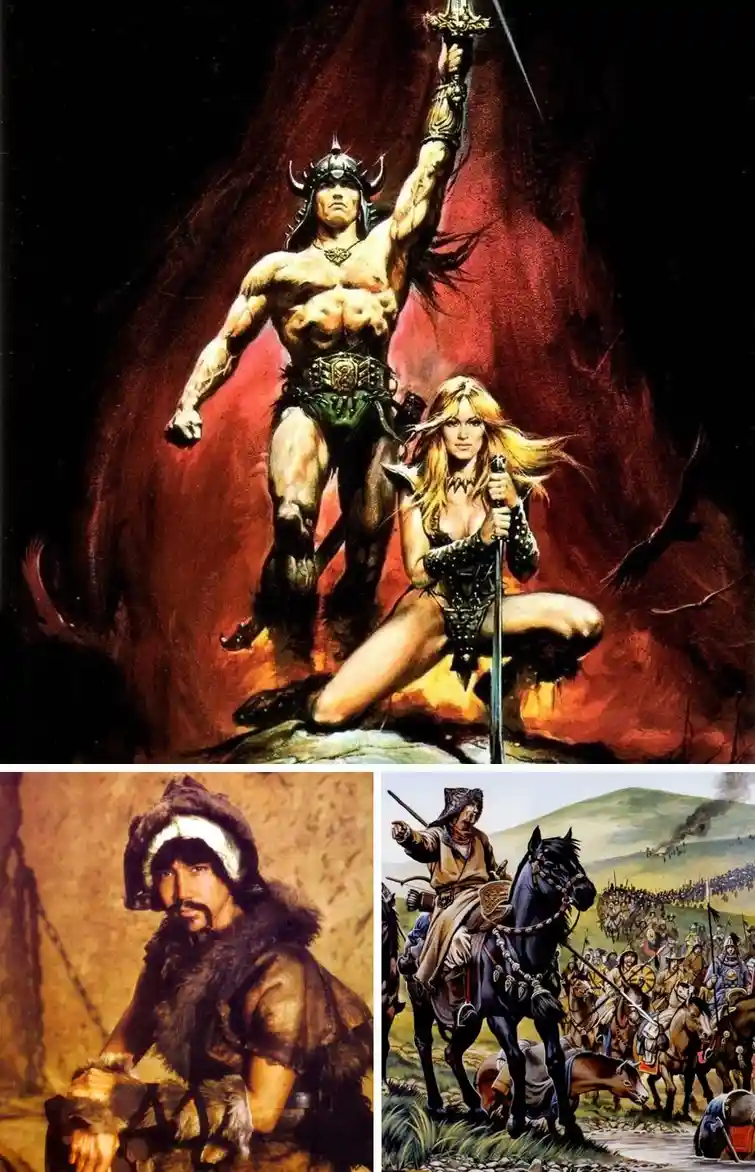 The image is a collage featuring three distinct illustrations: the top panel shows a muscular, horned warrior (Conan)…